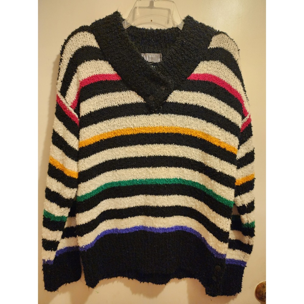 Gitano Vintage 80s Striped Knit Sweater Black White Multi Color Henley Shawl Lg